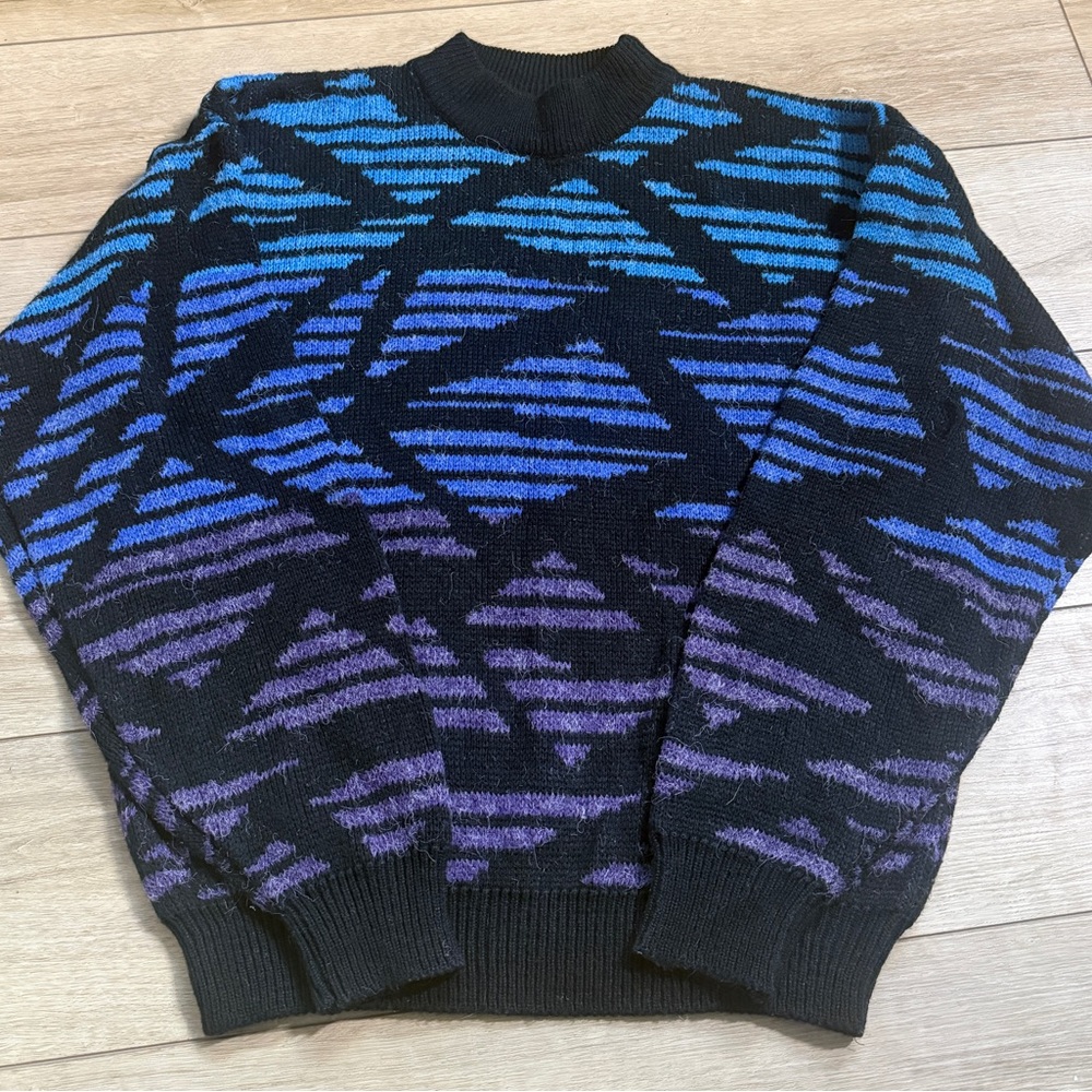 Vintage 80s Retro Blue Purple Black Mock Neck Abstract Pattern Knit Ski Sweater